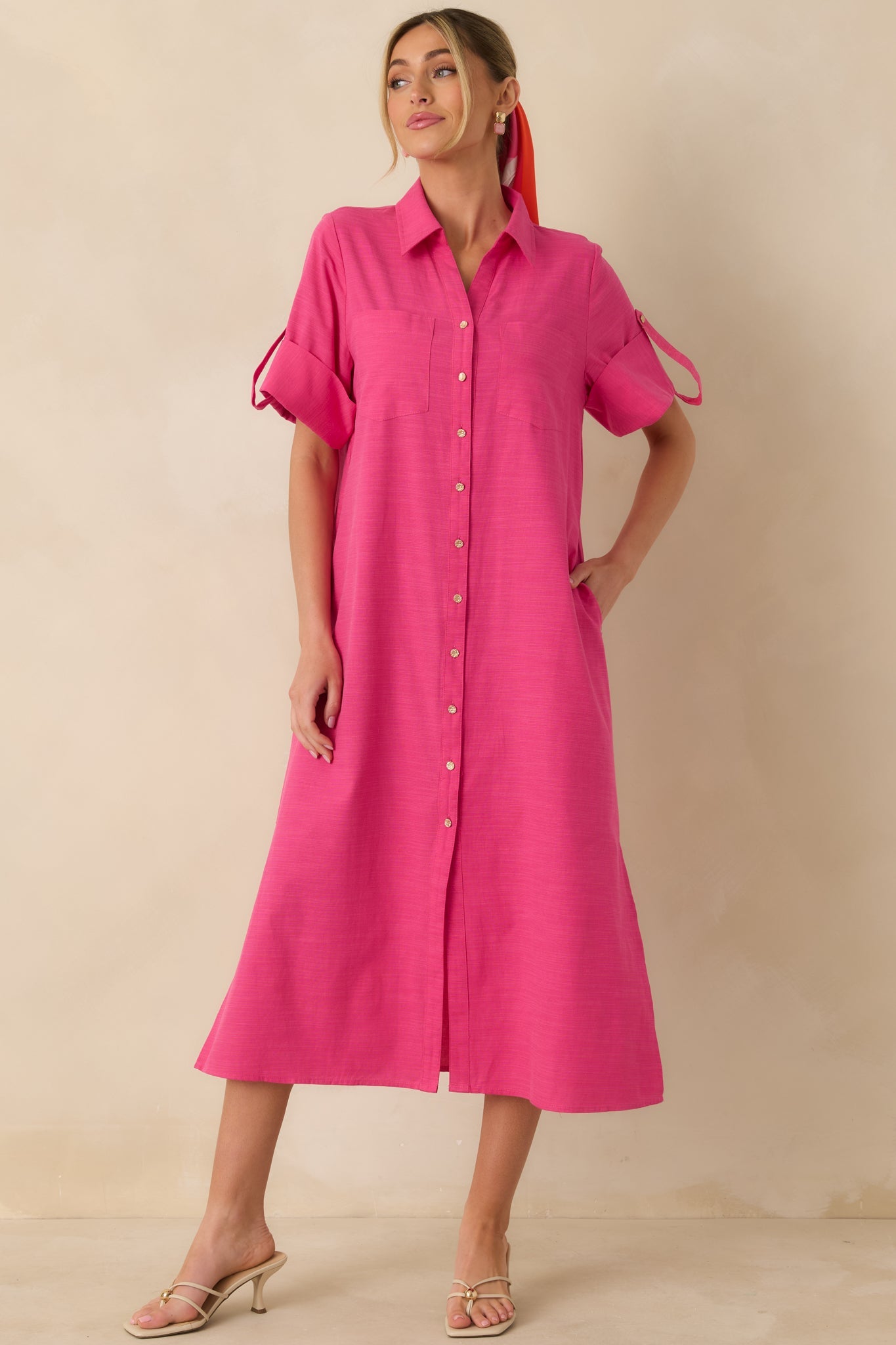 Show Me the Way Fuchsia Cotton Button Front Midi Shirt Dress