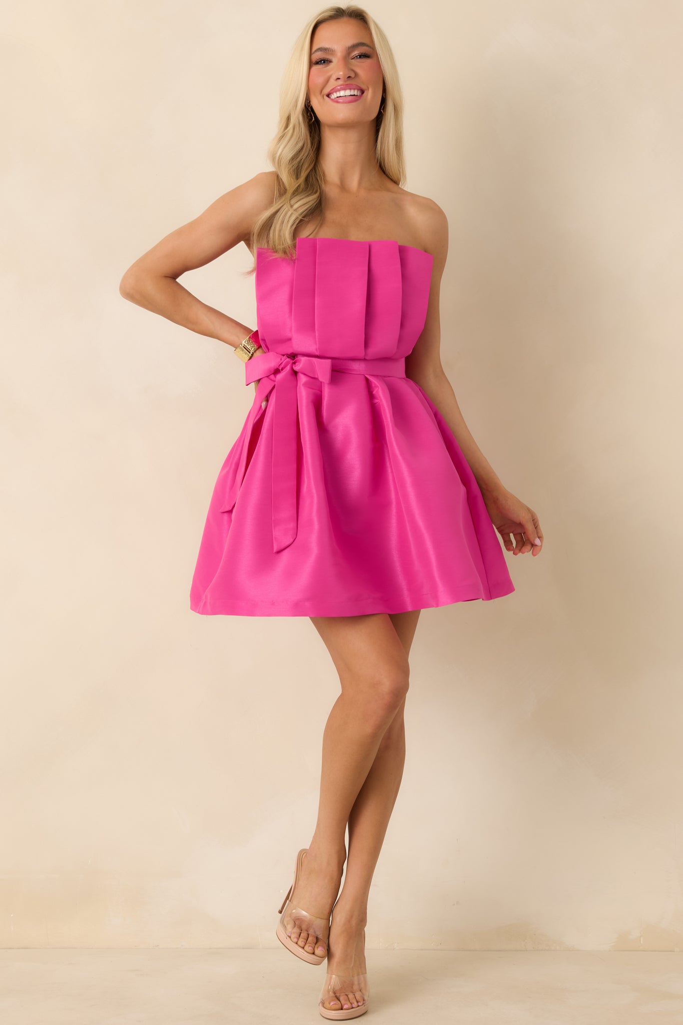 Caught My Eye Fuchsia Pleated Strapless Mini Dress