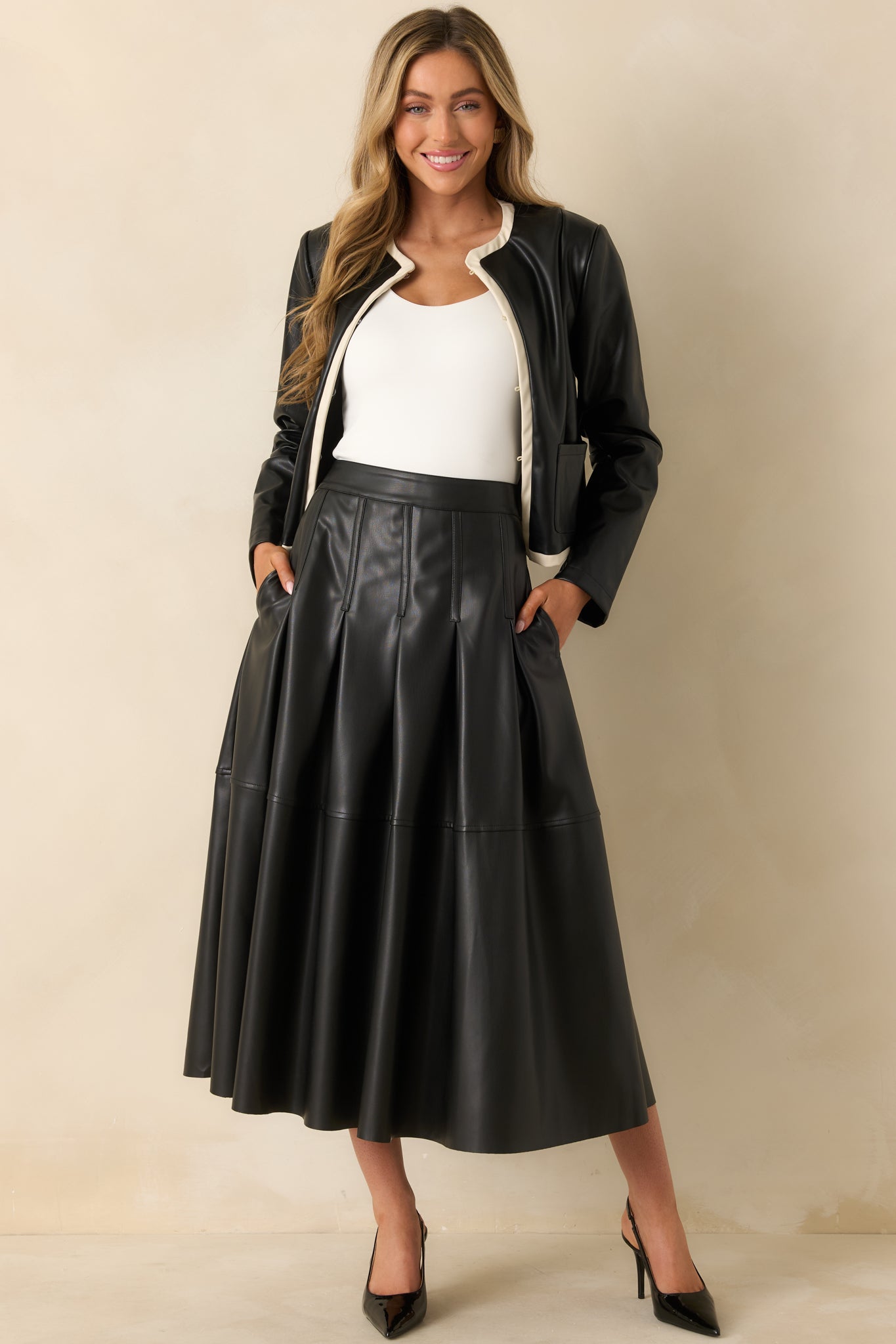 Cut To Perfection Black Faux Leather Pleated Midi Skirt