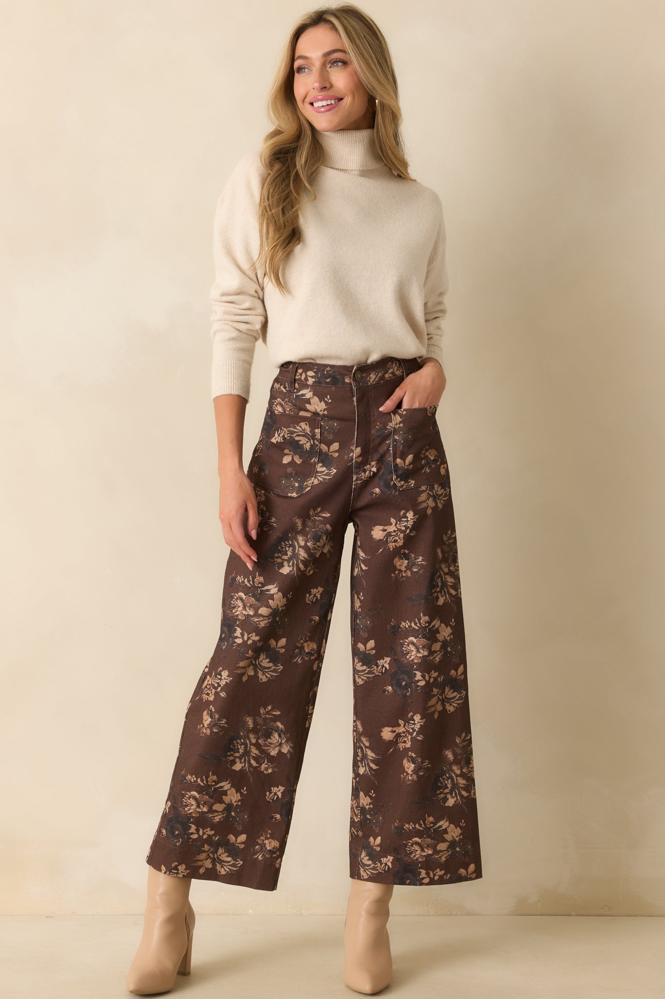 Couldn't Be Better Chocolate Brown Floral Print Cotton Wide Leg Jeans