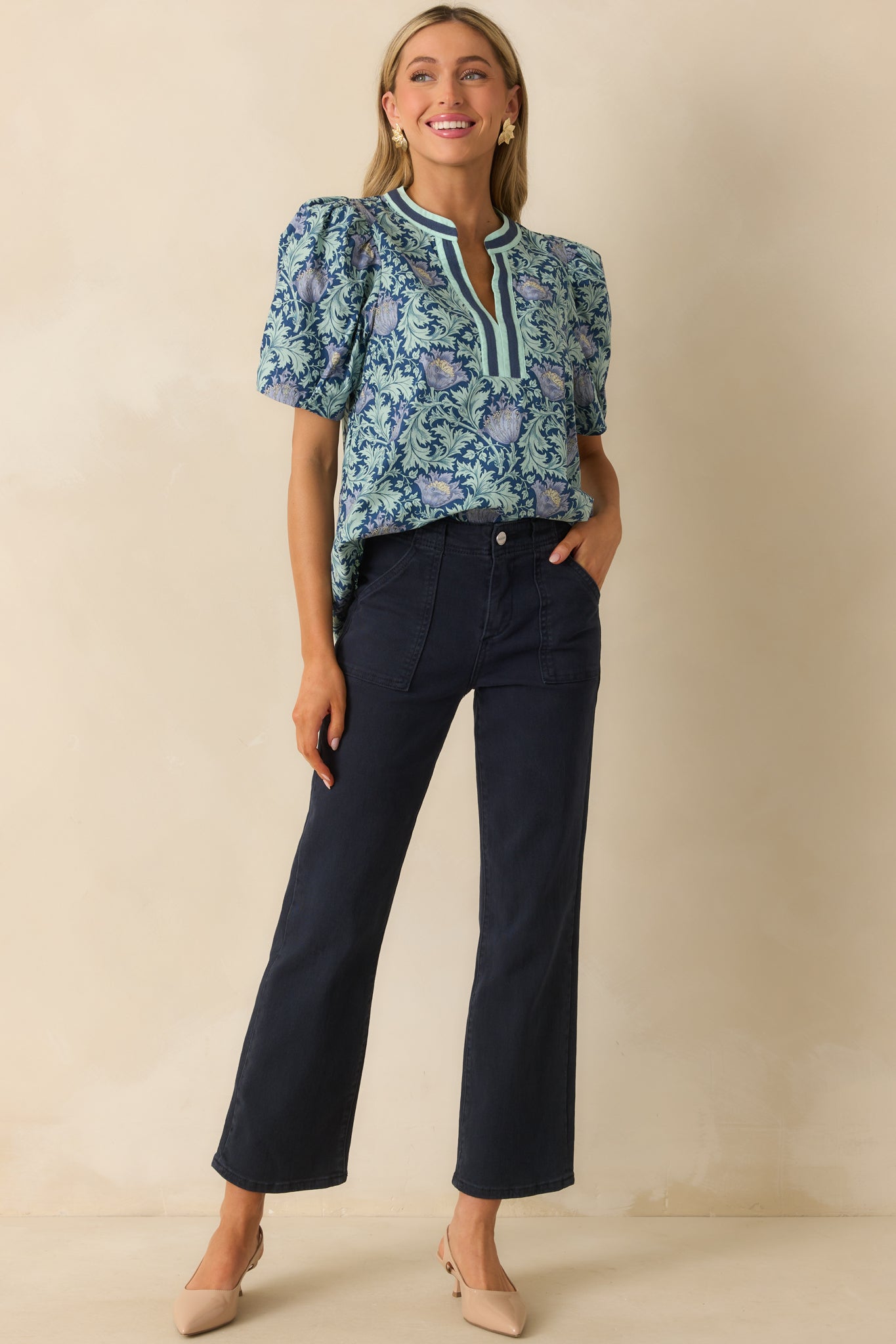 Nothing To Add Navy Multi Floral Print Cotton Puff Sleeve Top