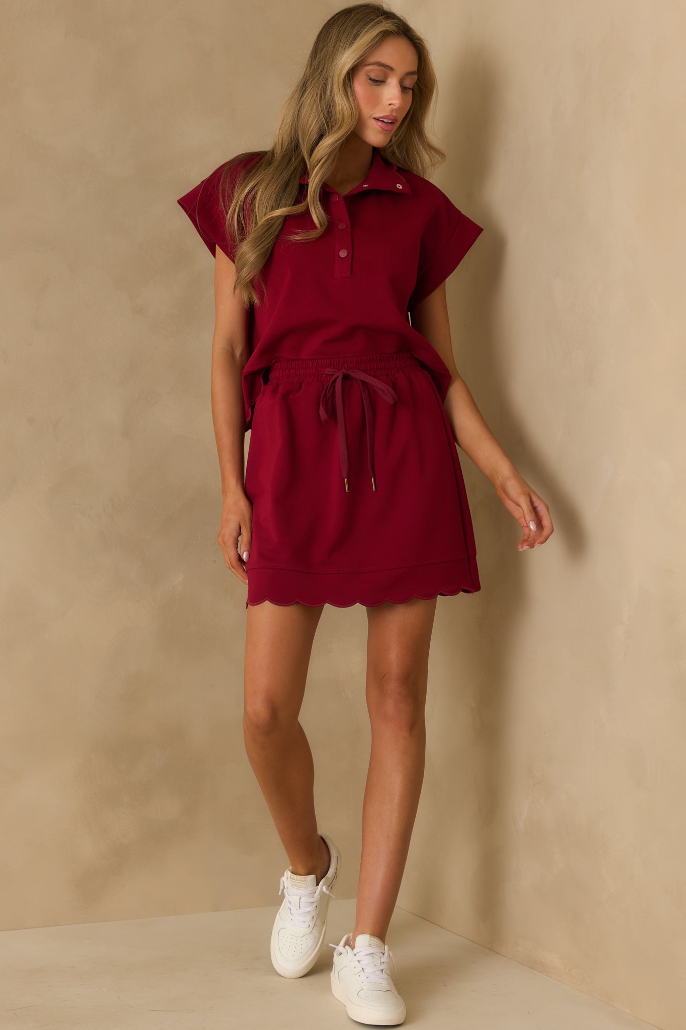 In Passing Burgundy Cotton Scallop Hem Drawstring Mini Skirt