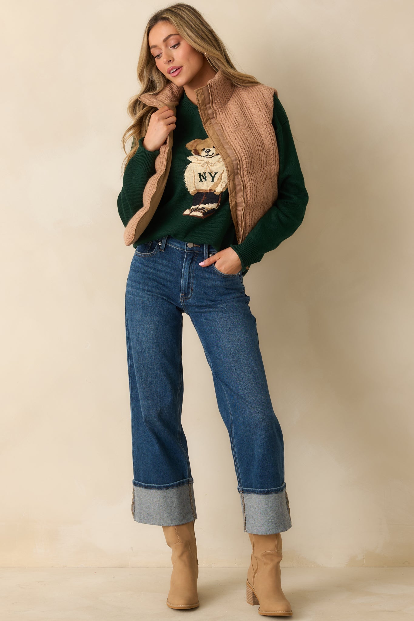 Thread & Supply Stormi Camel Brown Cable Knit Puffer Vest