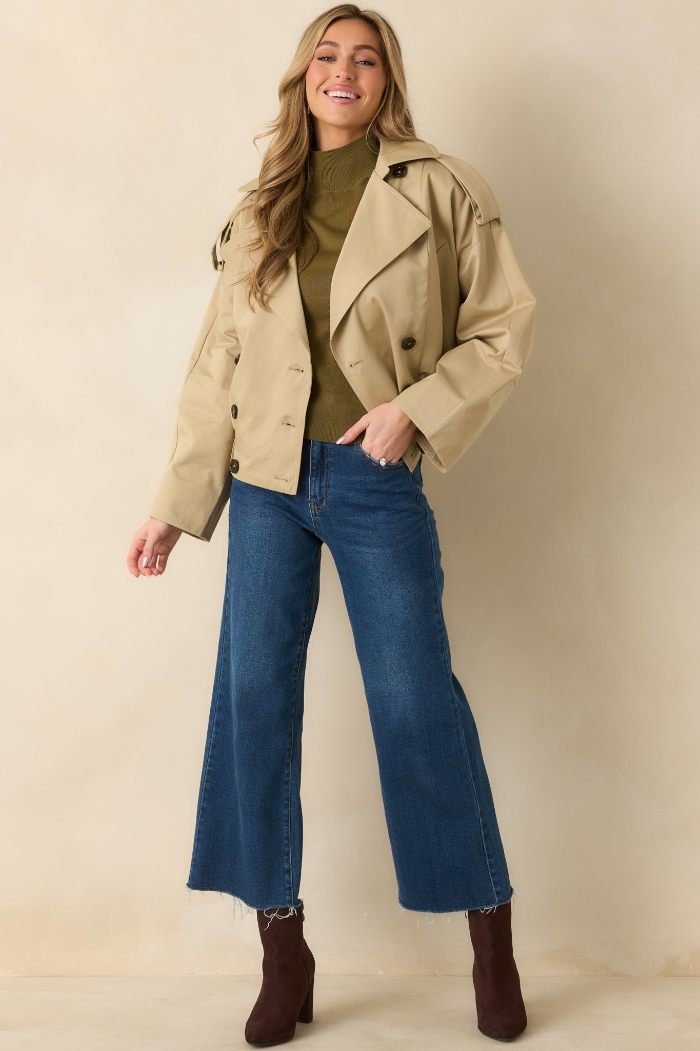 Modern Forecast Beige Cotton Double Breasted Cropped Trench Jacket