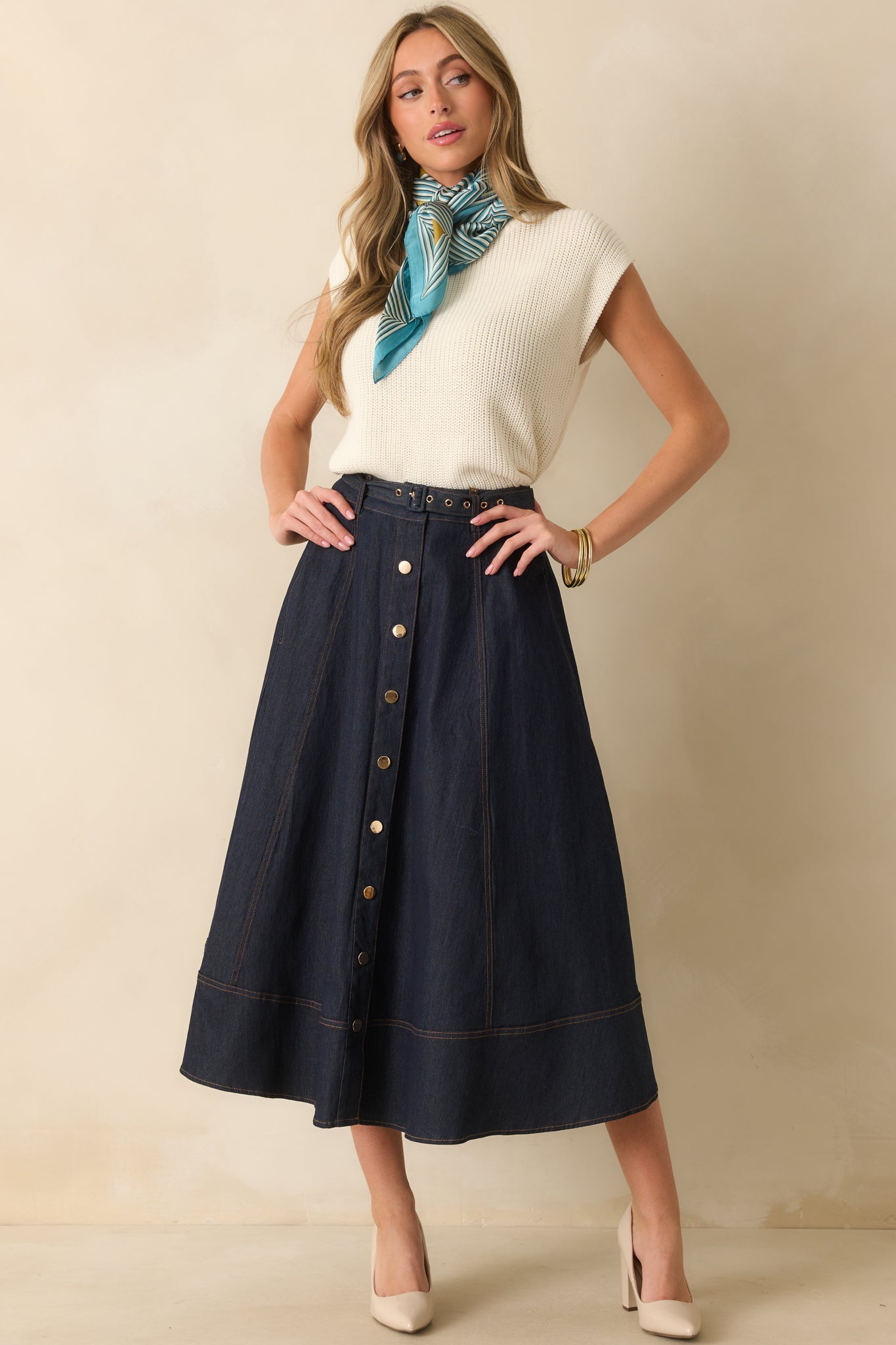 On The Books Dark Wash Cotton Denim Button Up Midi Skirt