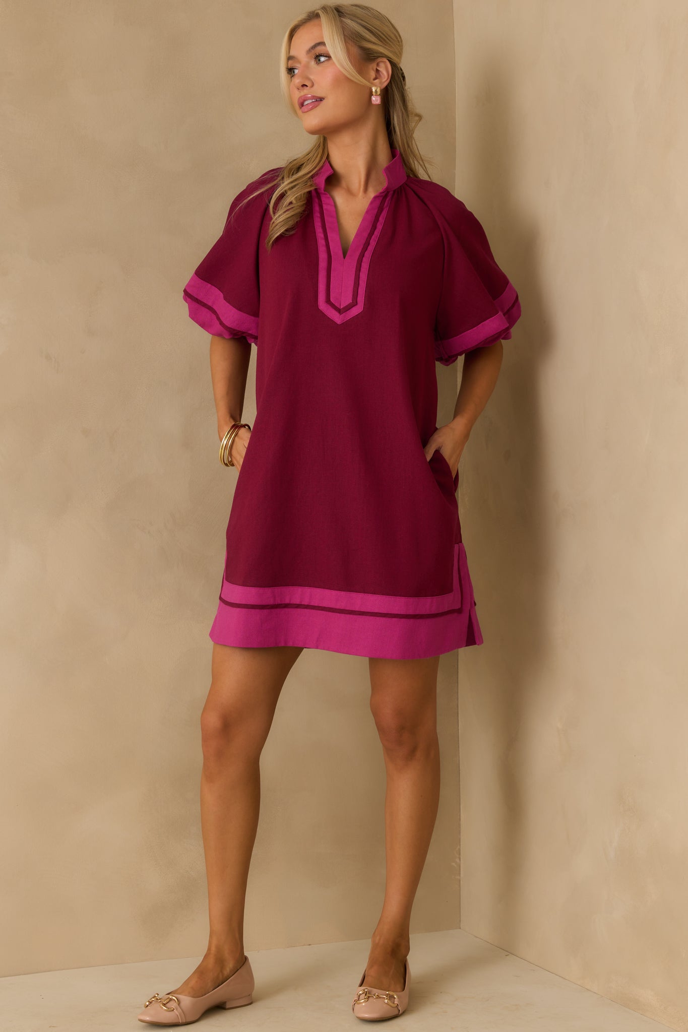 Made It Work Berry Linen Blend Short Sleeve Mini Dress