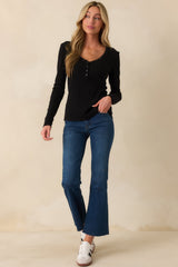 Everyday Envy Black Ribbed Cotton Long Sleeve Henley Tee