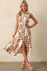 Already Handled It Light Brown Botanical Print Midi Shirt Dress