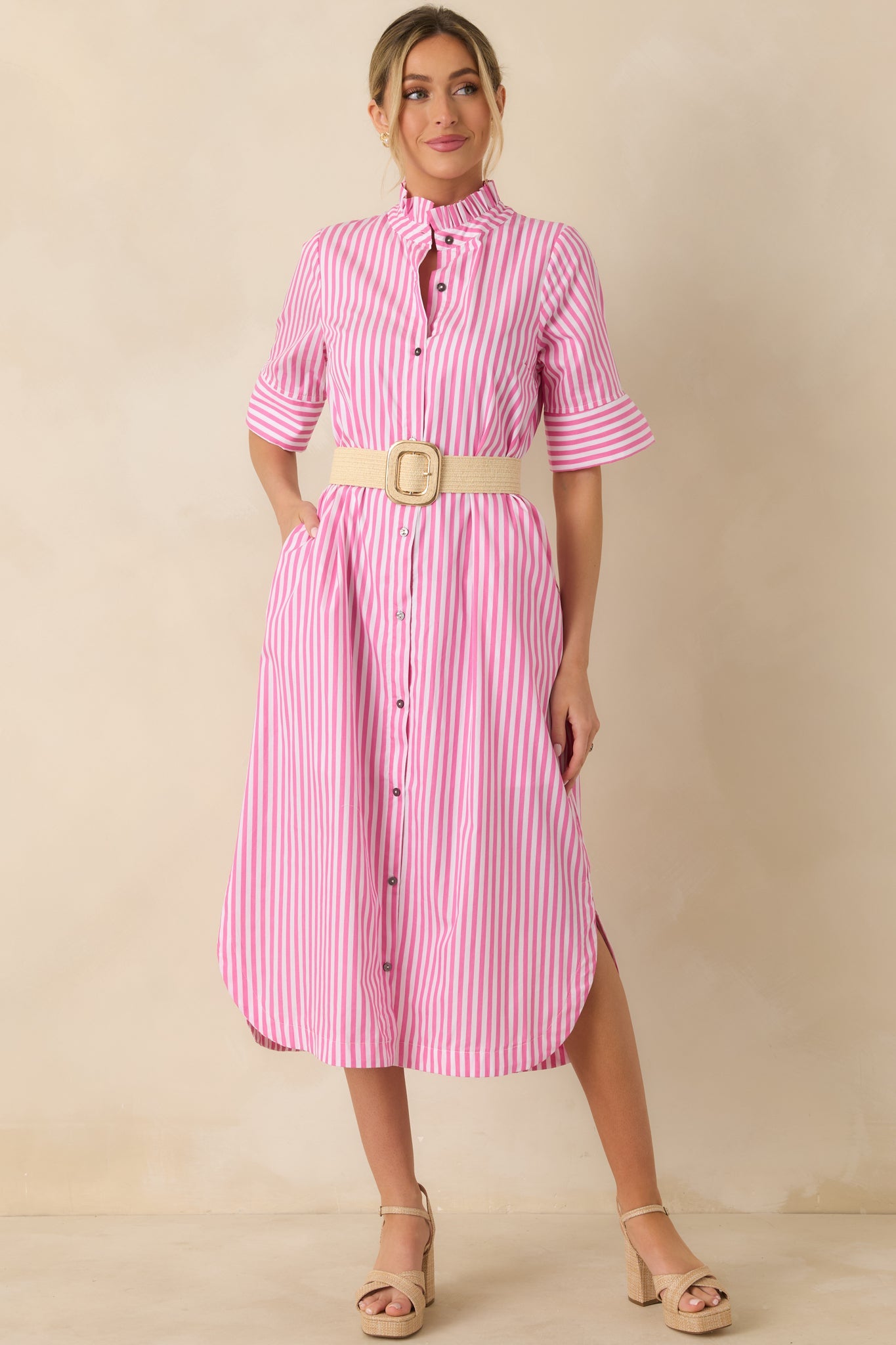 In Perfect Order Pink Stripe Button Front Ruffle Collar Midi Shirt Dress