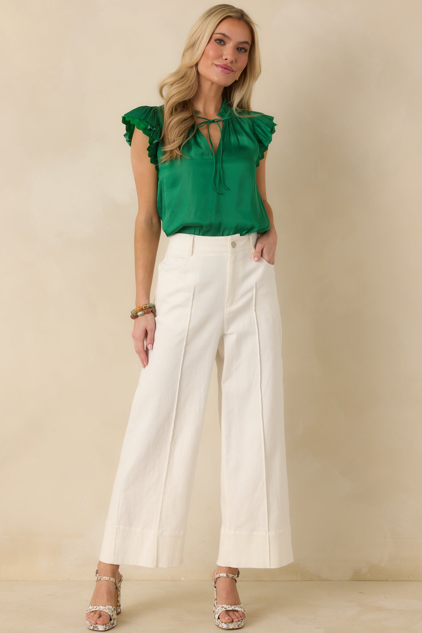The Way It Unfolded Green Ruffle & Lace Trim V-Neck Blouse