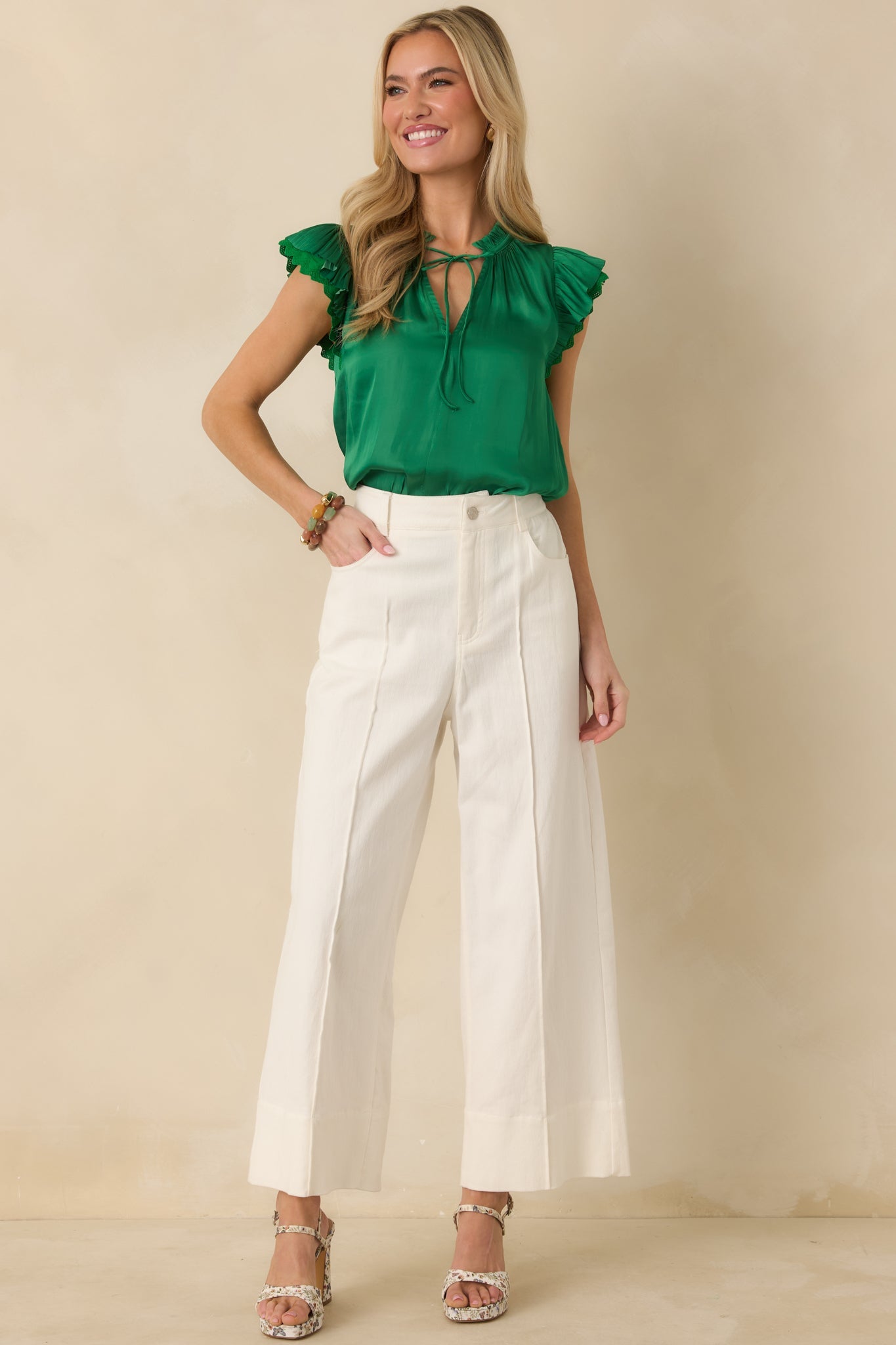 The Way It Unfolded Green Ruffle & Lace Trim V-Neck Blouse