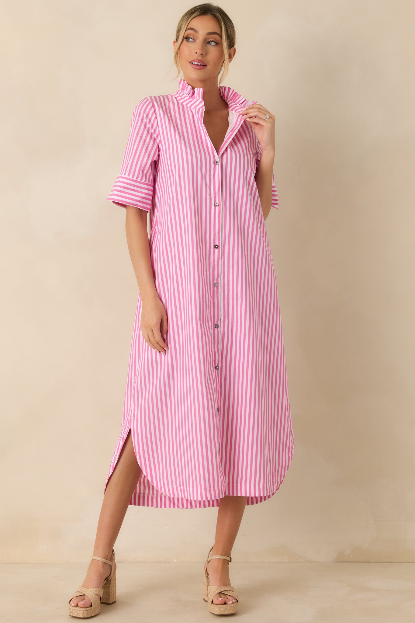 In Perfect Order Pink Stripe Button Front Ruffle Collar Midi Shirt Dress