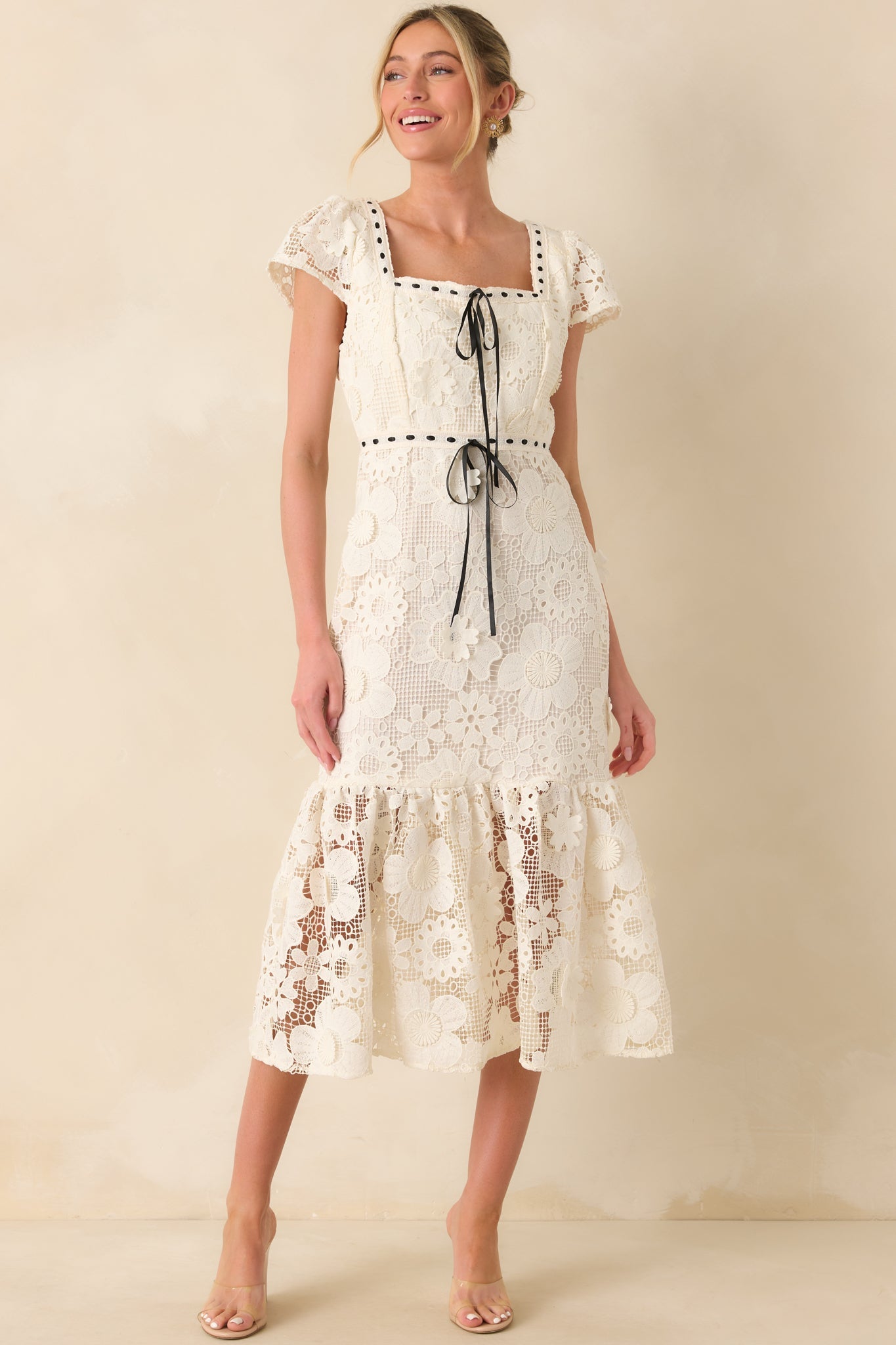Made You Look Ivory Floral Embroidered Midi Dress