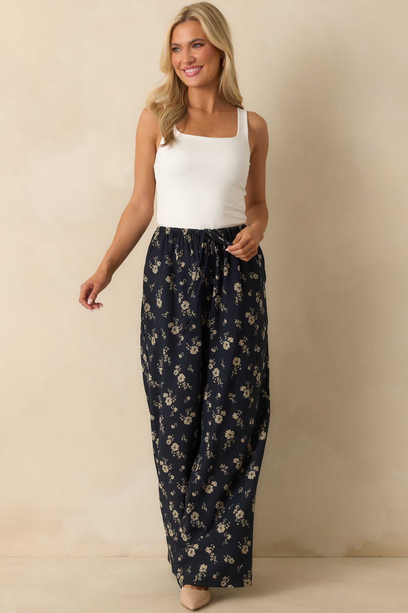 Calming Energy Navy Floral Print Wide Leg Drawstring Pants