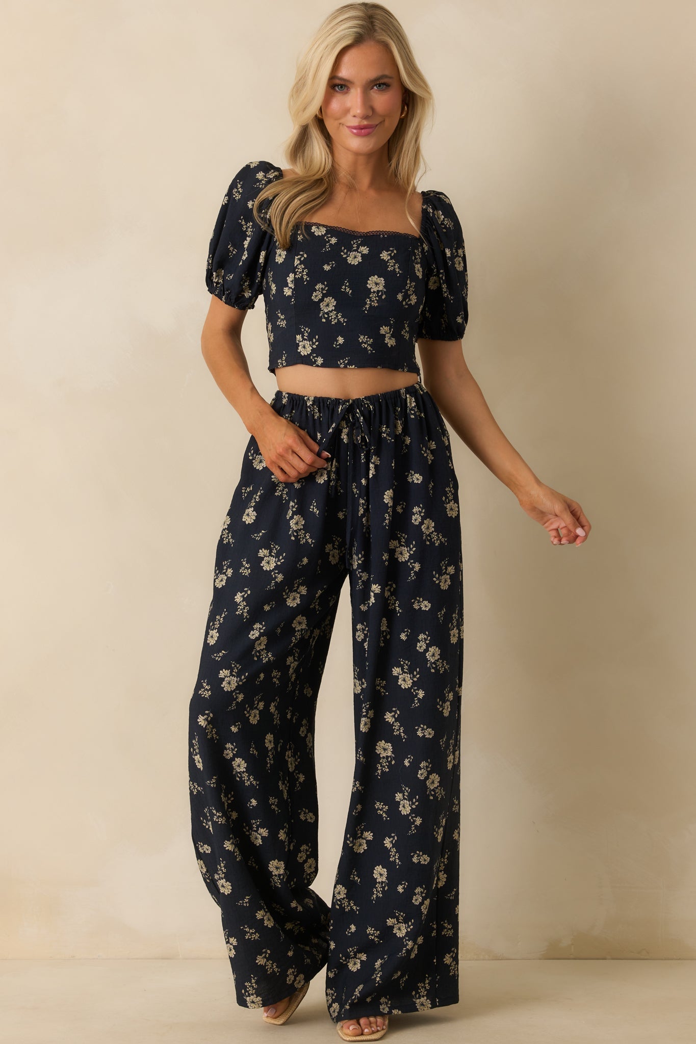 Already Have Plans Navy Floral Print Puff Sleeve Crop Top