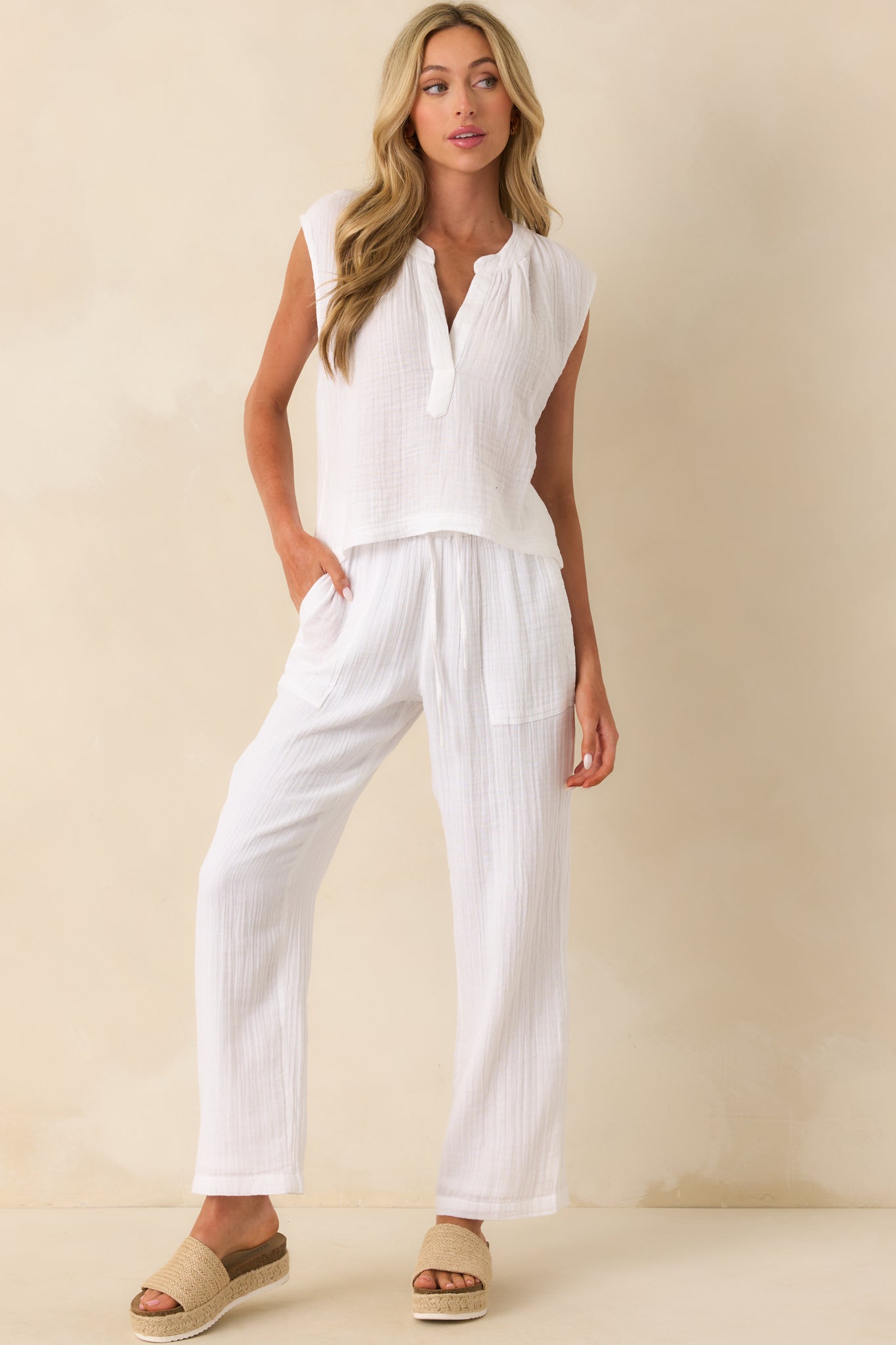 Z Supply White Cotton Cliffside V-Neck Airy Gauze Top
