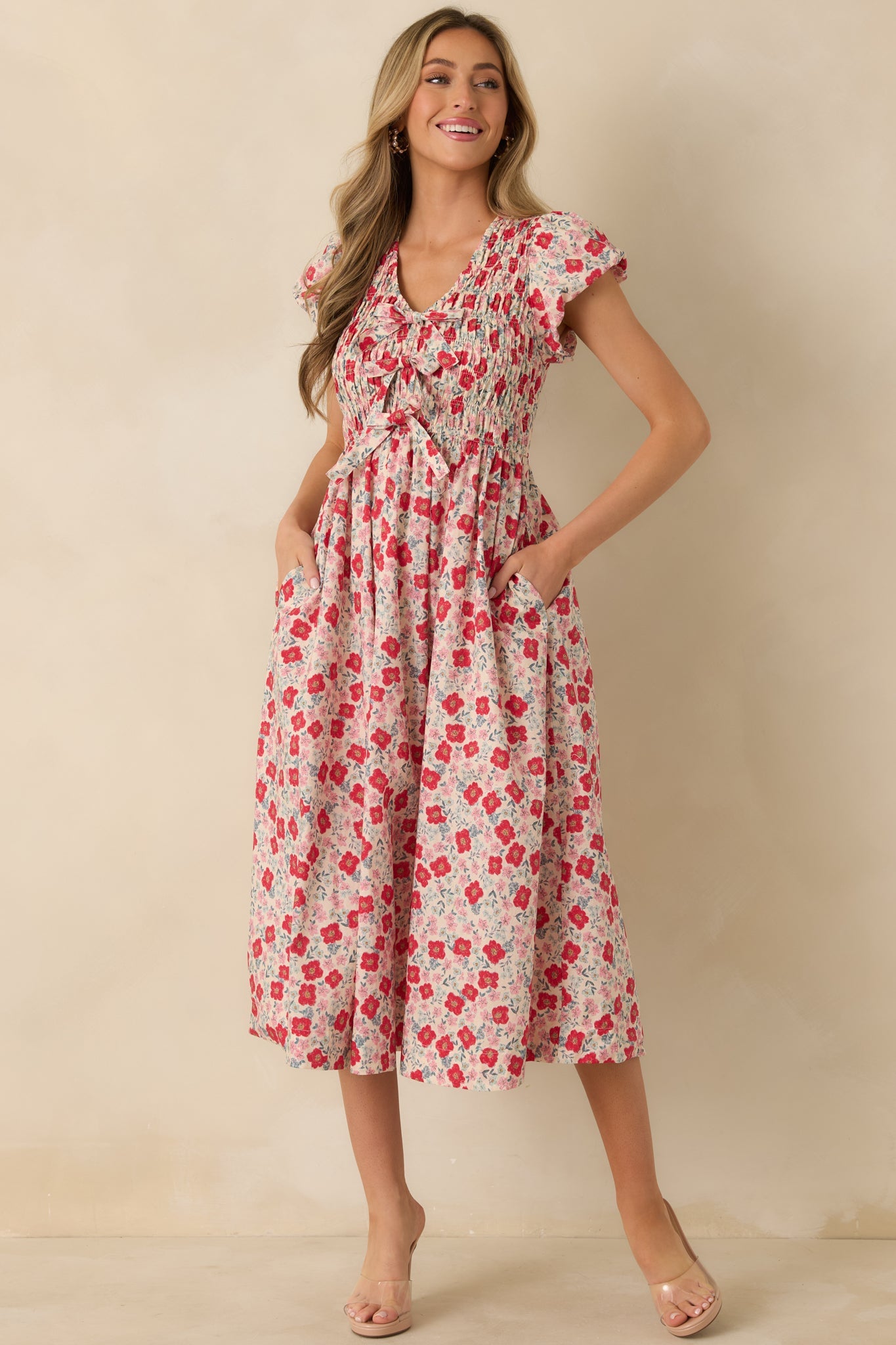 Tied With Love Red Multi Floral Print Cotton Bow Detail Midi Dress