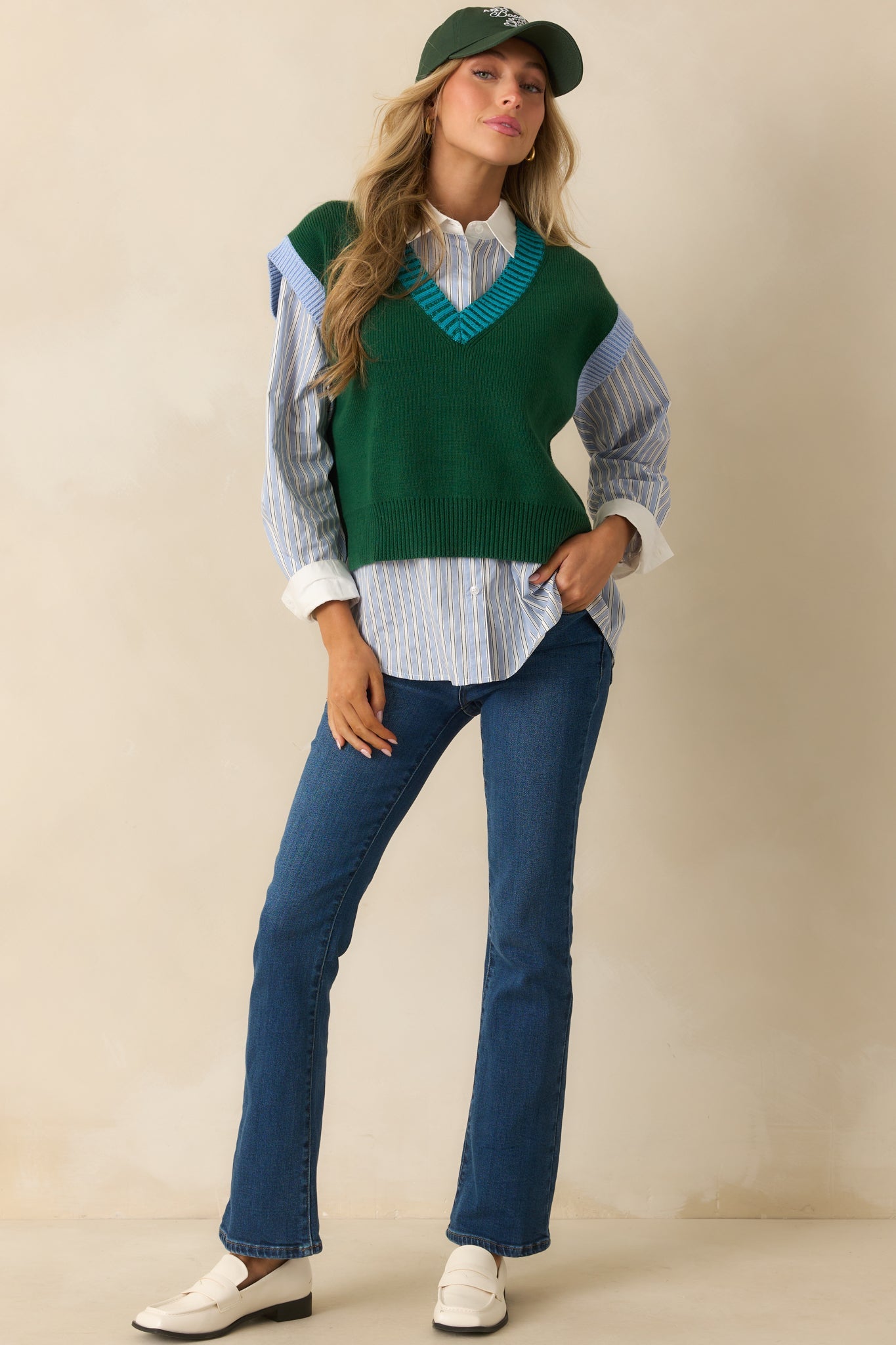 Stayed The Same Hunter Green Cotton Contrast Trim Sweater Vest