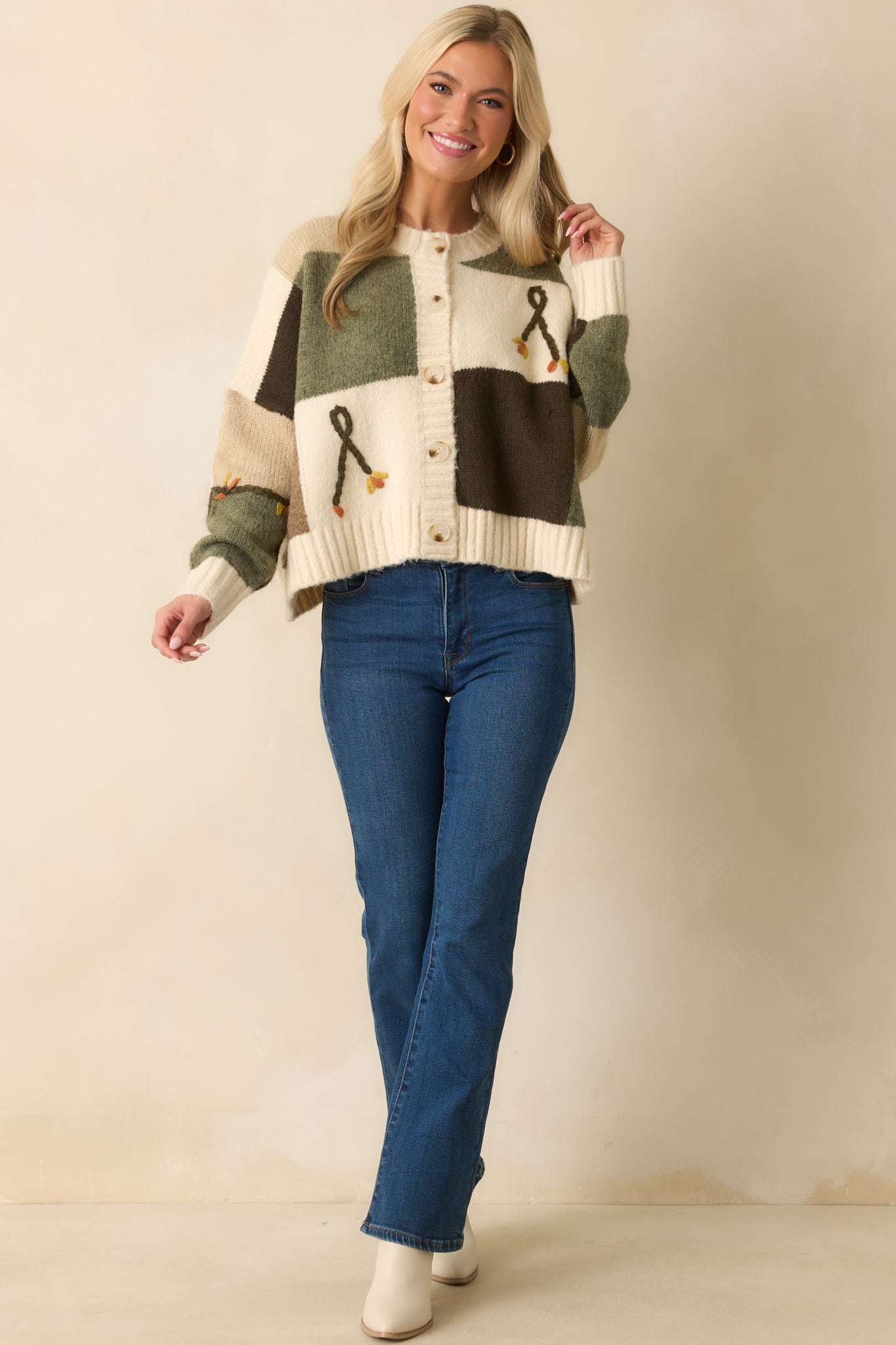 I'll Be Right Here Ivory Multi Floral Embroidered Button Front Cardigan