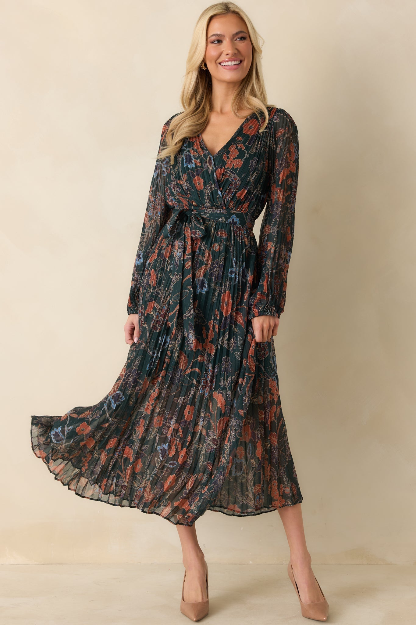 The One You Want Dark Green Multi Floral Pattern Pleated Maxi Dress