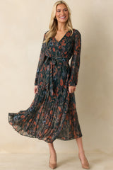 The One You Want Dark Green Multi Floral Pattern Pleated Maxi Dress