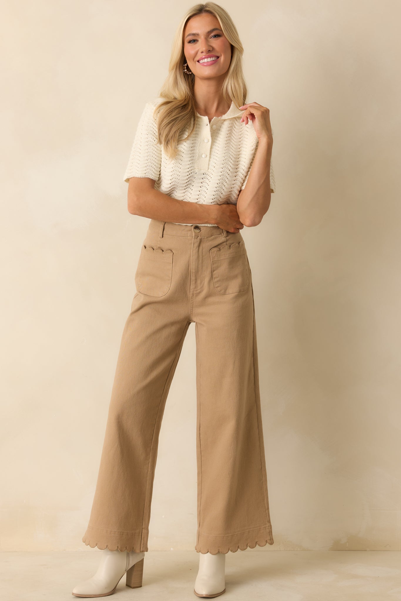 Left It At That Ivory Scalloped Pointelle Knit Short Sleeve Sweater