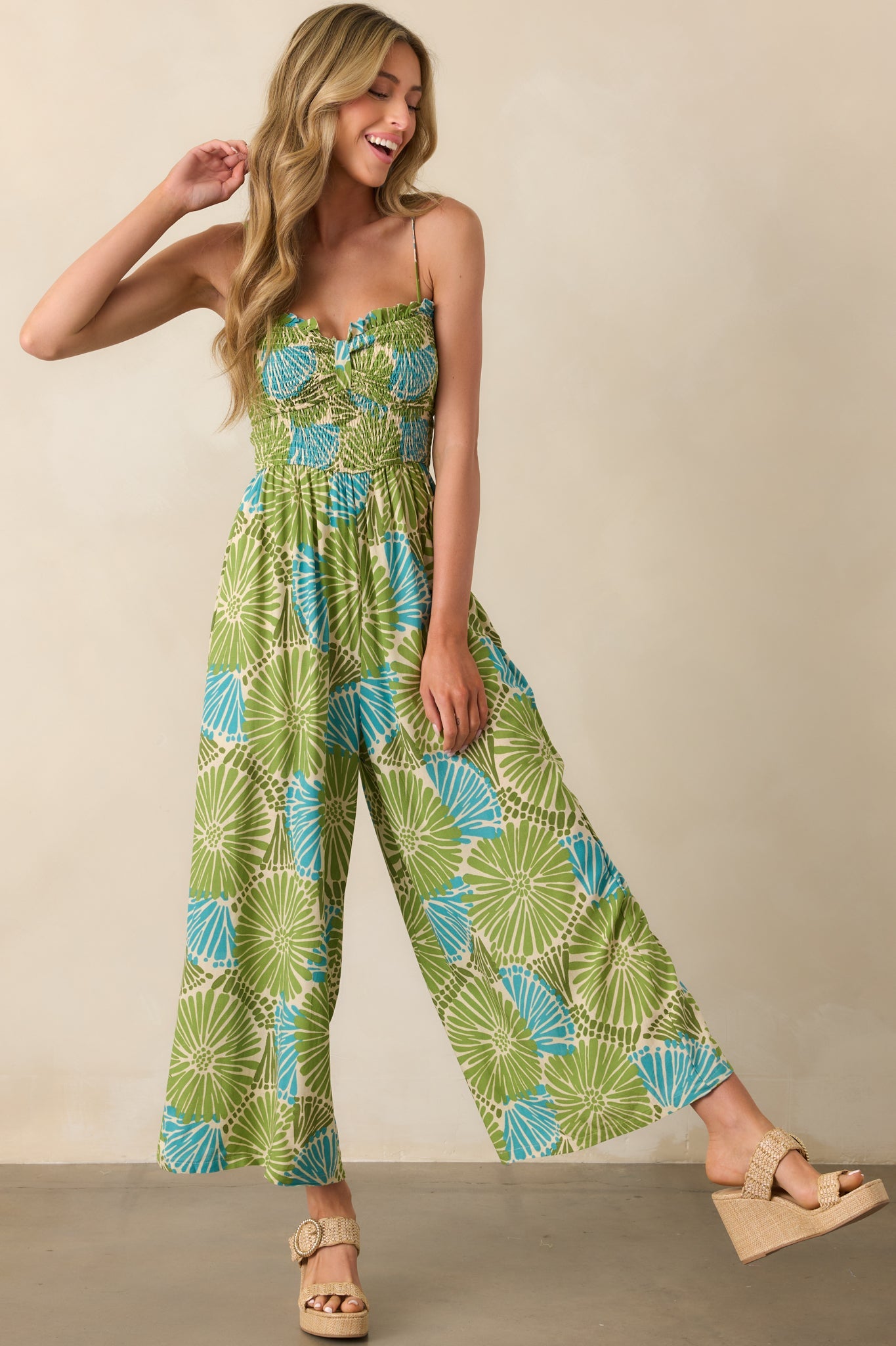 Something Light And Easy Green Floral Linen Blend Jumpsuit