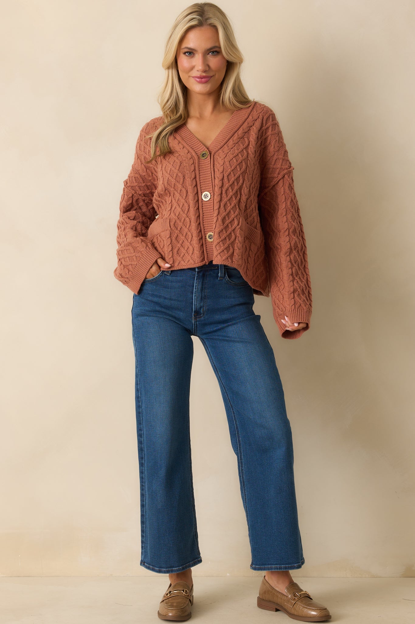 For Old Time's Sake Terracotta Cable Knit Button Up Cardigan