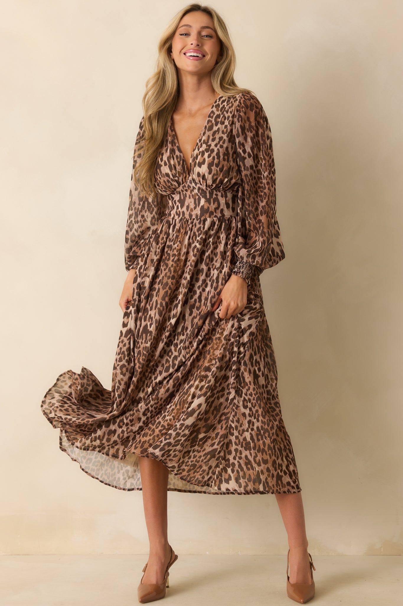 At Any Given Moment Brown Leopard Print Chiffon Maxi Dress