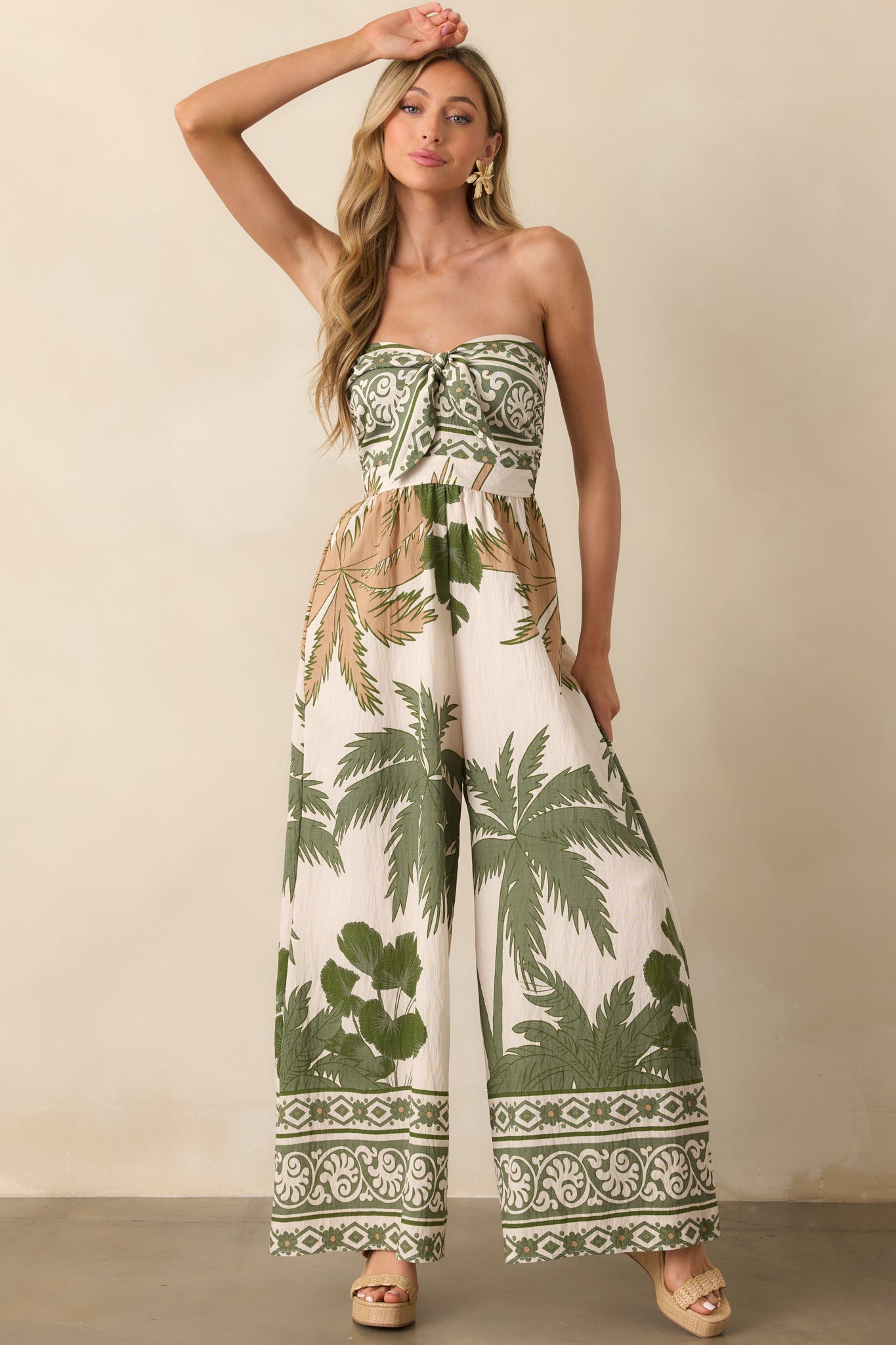 It's Like I Never Left Green Multi Tropical Print Strapless Jumpsuit