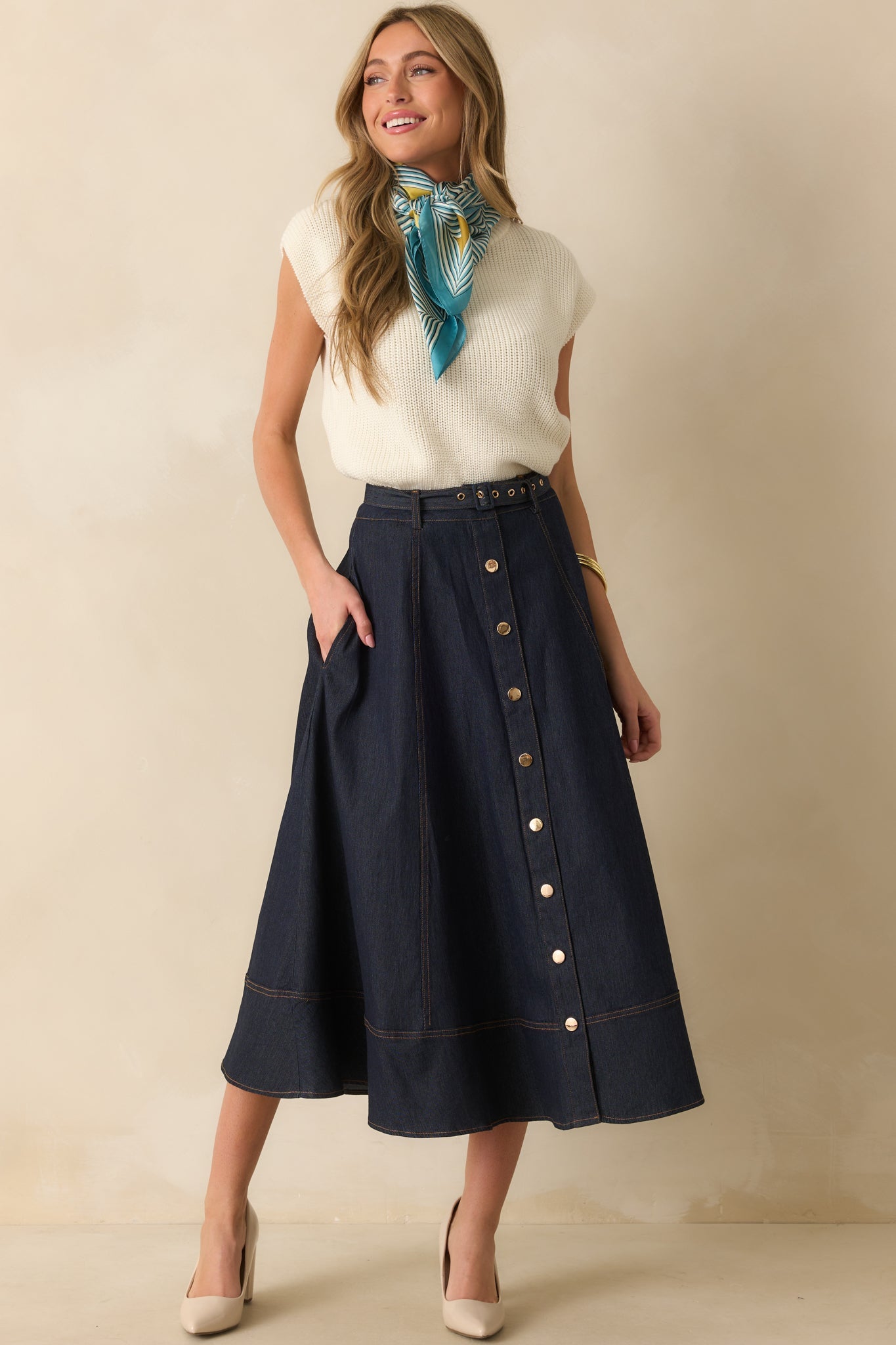 On The Books Dark Wash Cotton Denim Button Up Midi Skirt