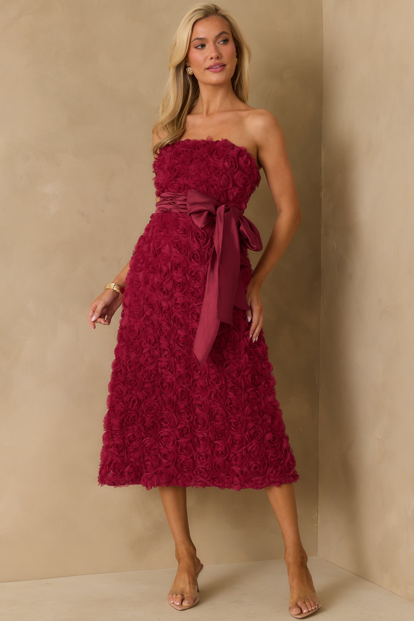 Raising The Bar Wine Red Floral Applique Midi Dress