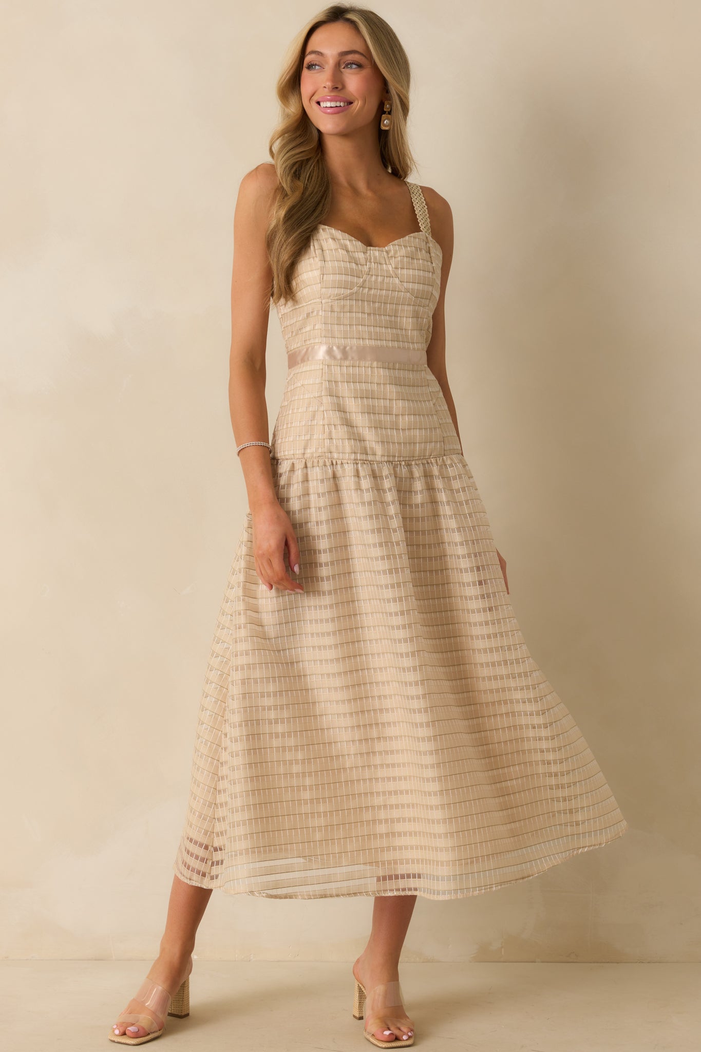 Know Better Tan Embroidered Drop Waist Maxi Dress