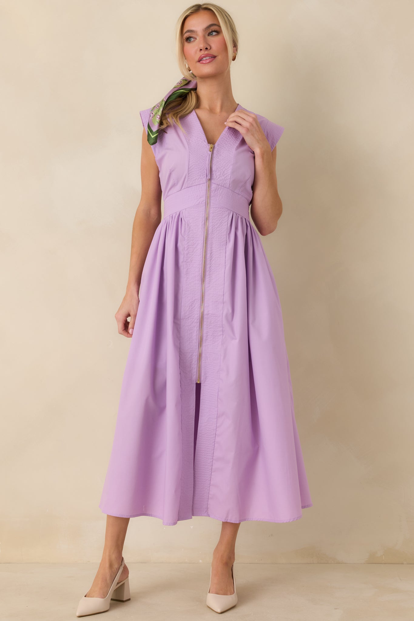The Adeline Lavender Zip Up Midi Dress
