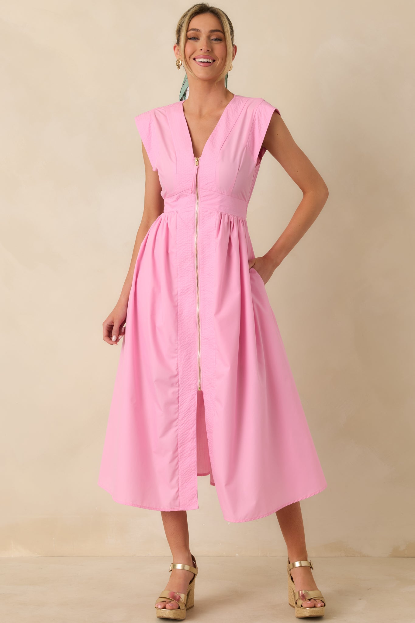 The Adeline Pink Zip Up Midi Dress
