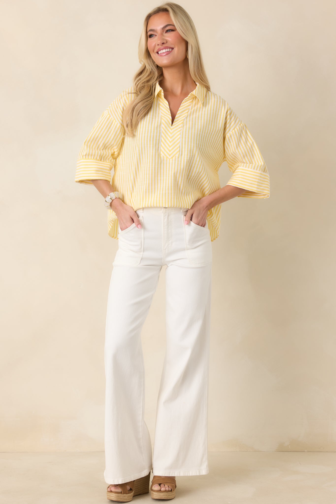 Leading Lines Yellow Stripe Collared V-Neck Blouse