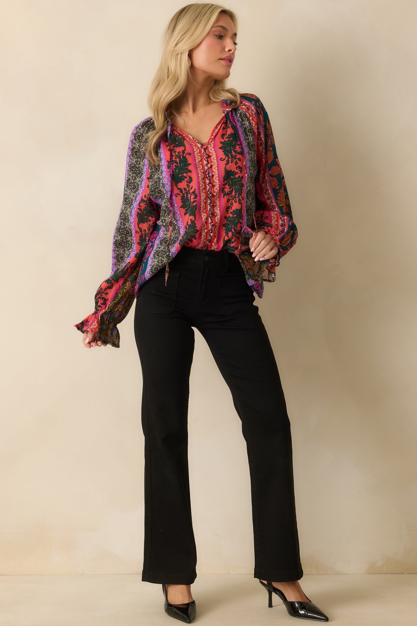 In Her Own Way Dark Teal Multi Patchwork Print Cotton Blouse