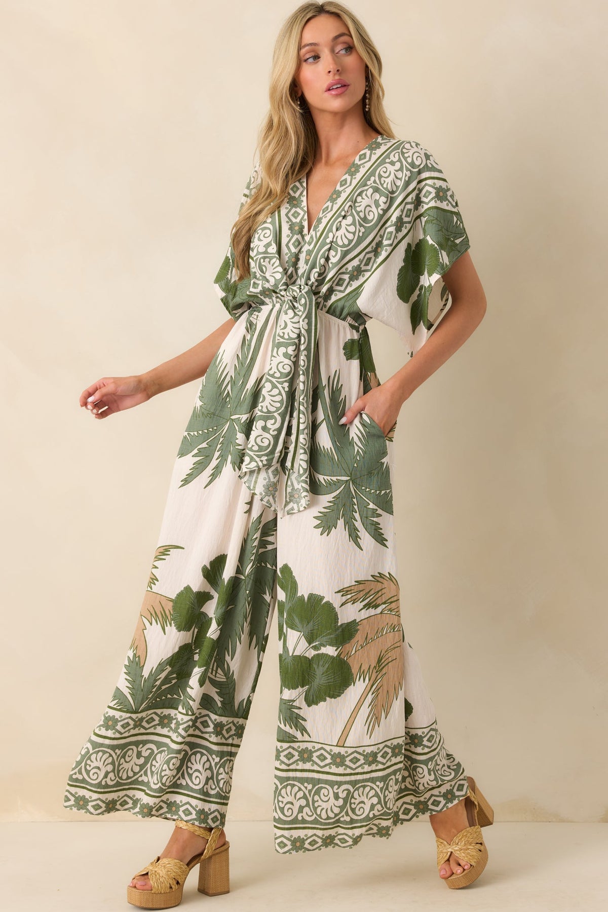 Leave Them Guessing Green Multi Tropical Print Jumpsuit