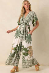 Leave Them Guessing Green Multi Tropical Print Jumpsuit