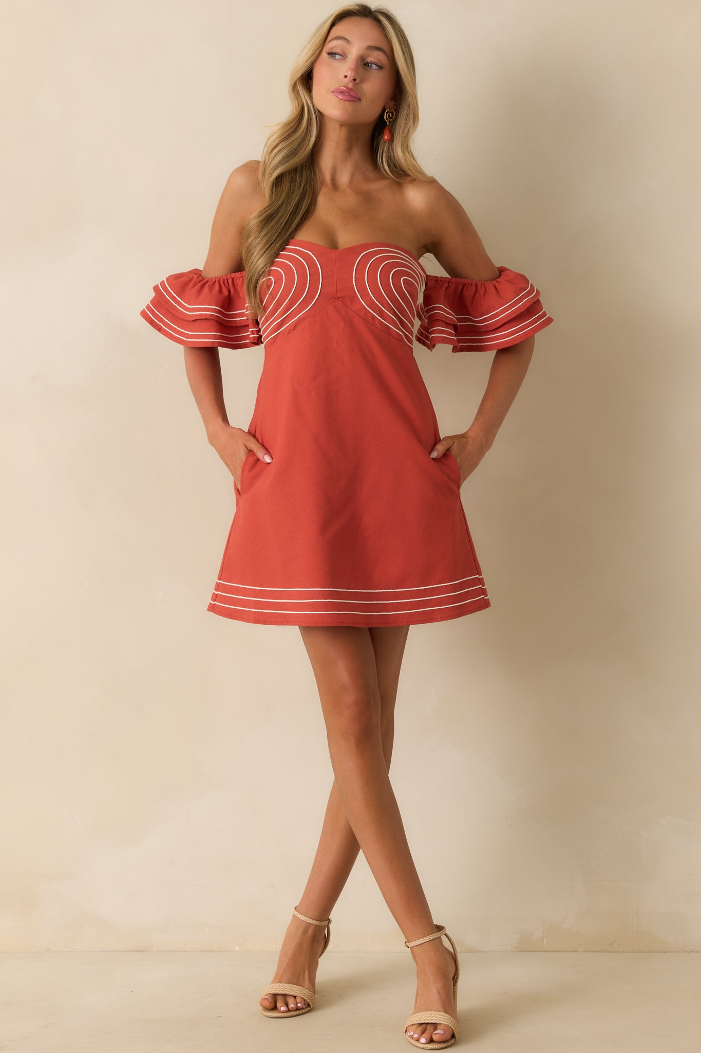 Left An Impression Burnt Orange Linen Blend Off The Shoulder Mini Dress