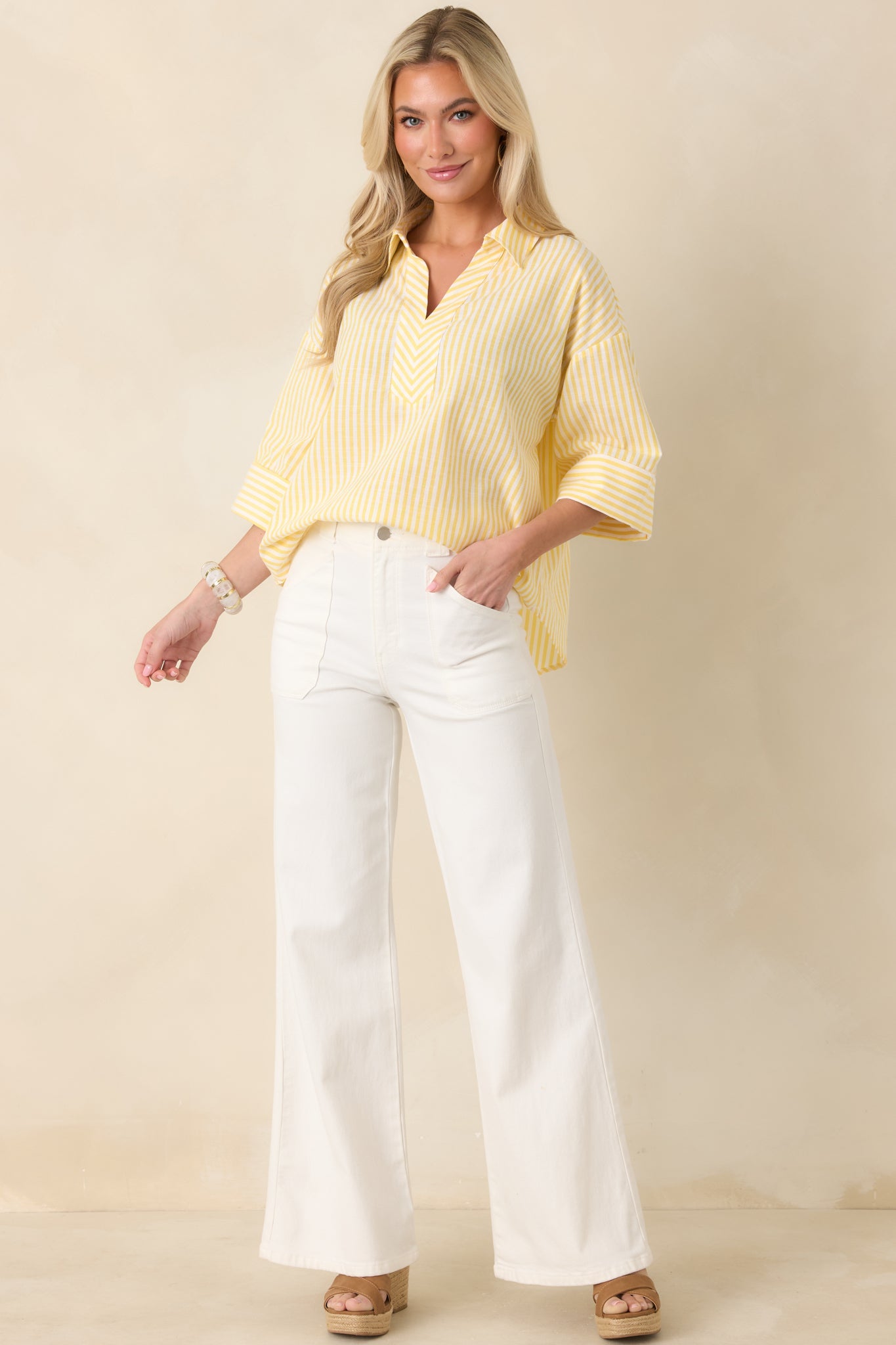 Leading Lines Yellow Stripe Collared V-Neck Blouse