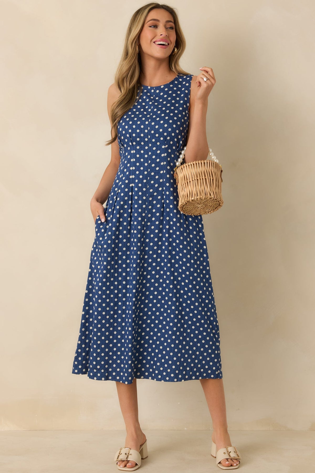 Nothing But Chic Blue Polka Dot Cotton Sleeveless Midi Dress