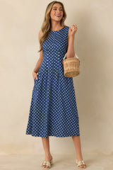 Nothing But Chic Blue Polka Dot Cotton Sleeveless Midi Dress