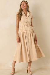 Just Right Moments Beige Sleeveless Belted Maxi Shirt Dress