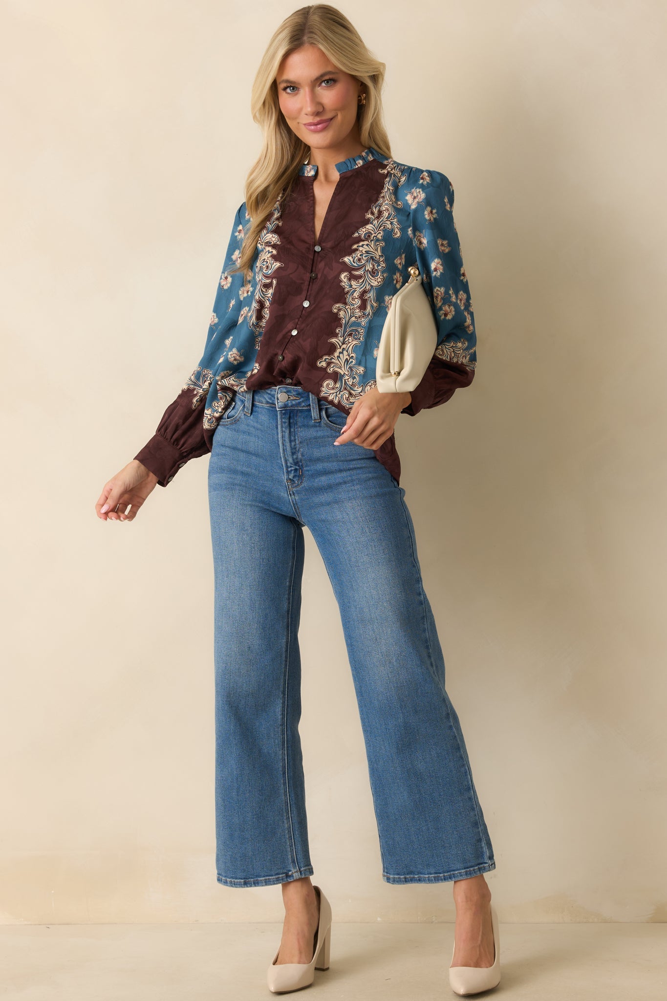 Hold Your Own Blue Multi Floral Print Long Sleeve Button Up Shirt