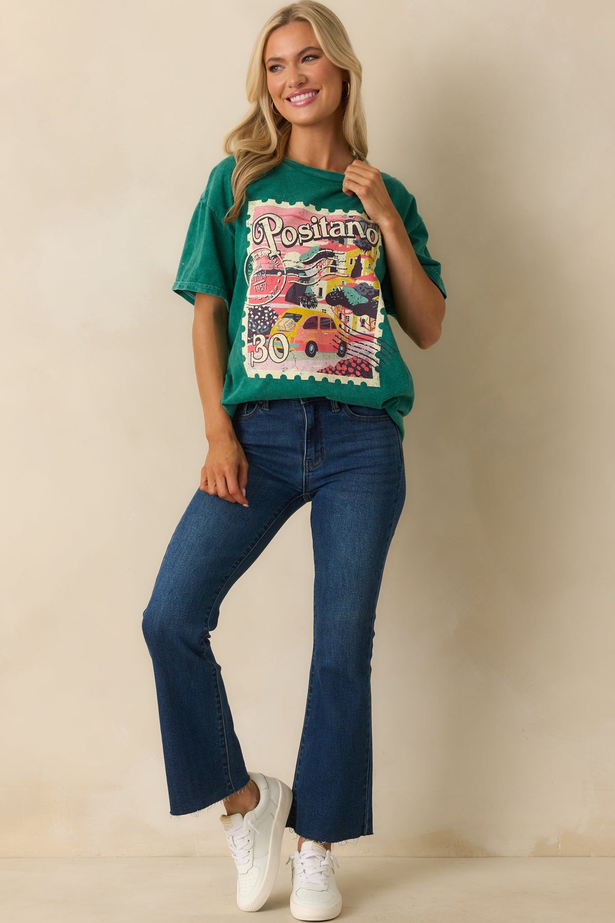 Sending Postcards Acid Wash Green Cotton Stamp Graphic Tee