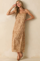 You Tell Me Tan Textured Floral Print Chiffon Drop Waist Maxi Dress
