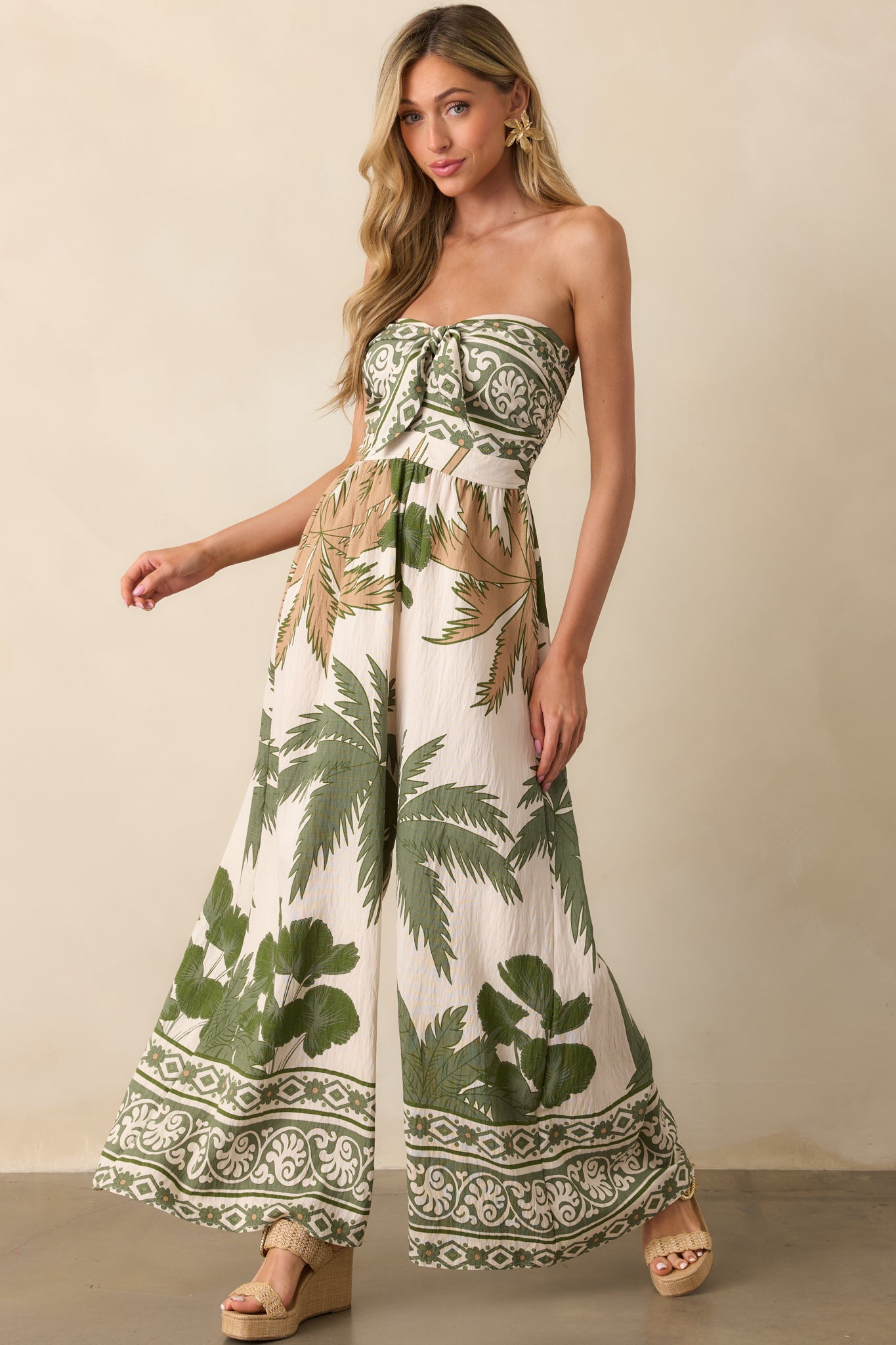 It's Like I Never Left Green Multi Tropical Print Strapless Jumpsuit
