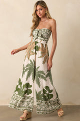 It's Like I Never Left Green Multi Tropical Print Strapless Jumpsuit