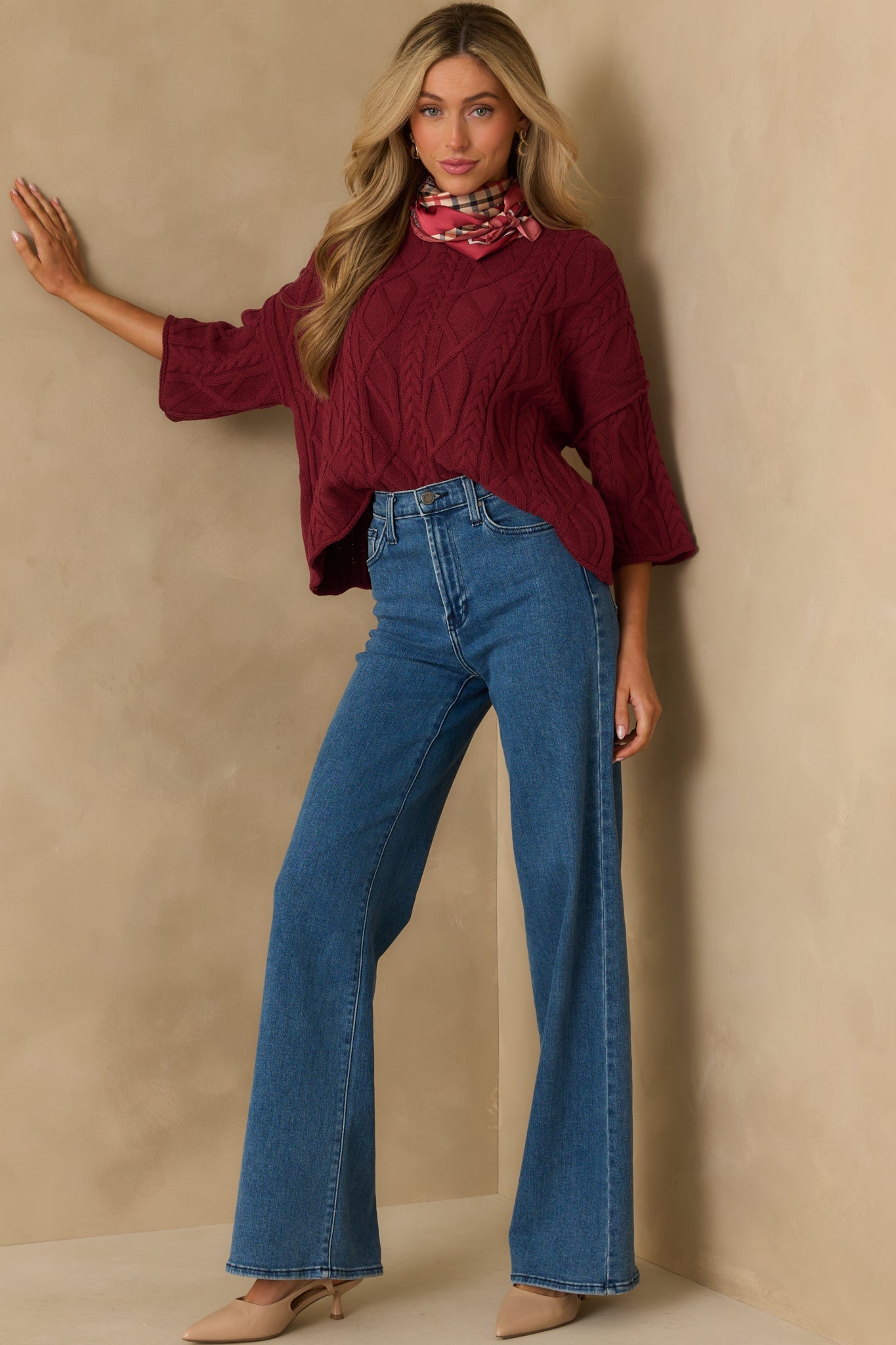 From The Start Burgundy Cable Knit Cotton Crew Neck Sweater